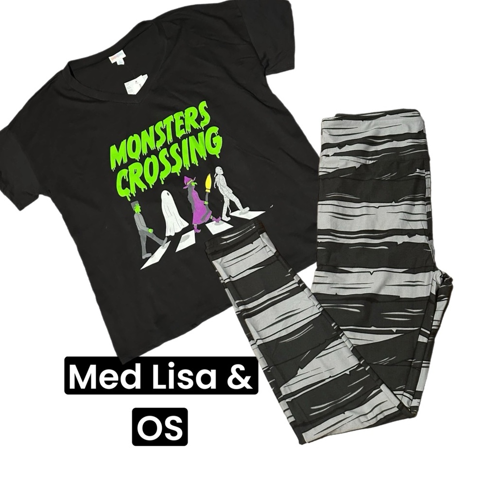 LuLaRoe Halloween Lisa Tee Monsters Crossing with Mummy OS Leggings